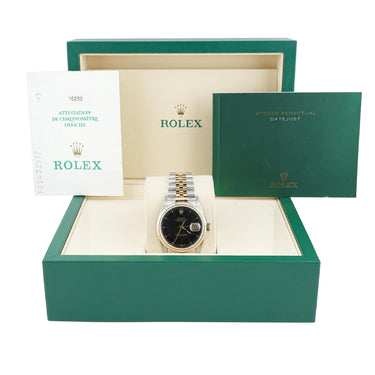 Rolex 16233 Datejust 36 mm Black Index Dial Jubilee Bracelet Box and Papers 2002