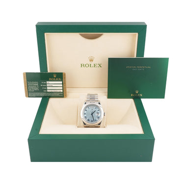 Rolex 218206 Day-Date II 41 mm Ice Blue Roman Dial Platinum Box and Papers 2013