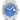 Rolex watch with blue dial and silver case on a white background