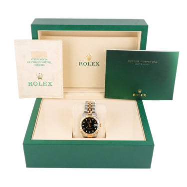 Rolex 68273 Datejust 31 mm Fluted Bezel Black Diamond Dial Jubilee Bracelet Box and Papers 1991