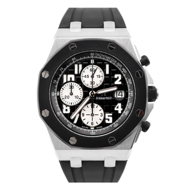 Audemars Piguet Royal Oak Offshore Chronograph watch with a Black Dial, Stainless Steel case, and  Rubber Strap on a white background
