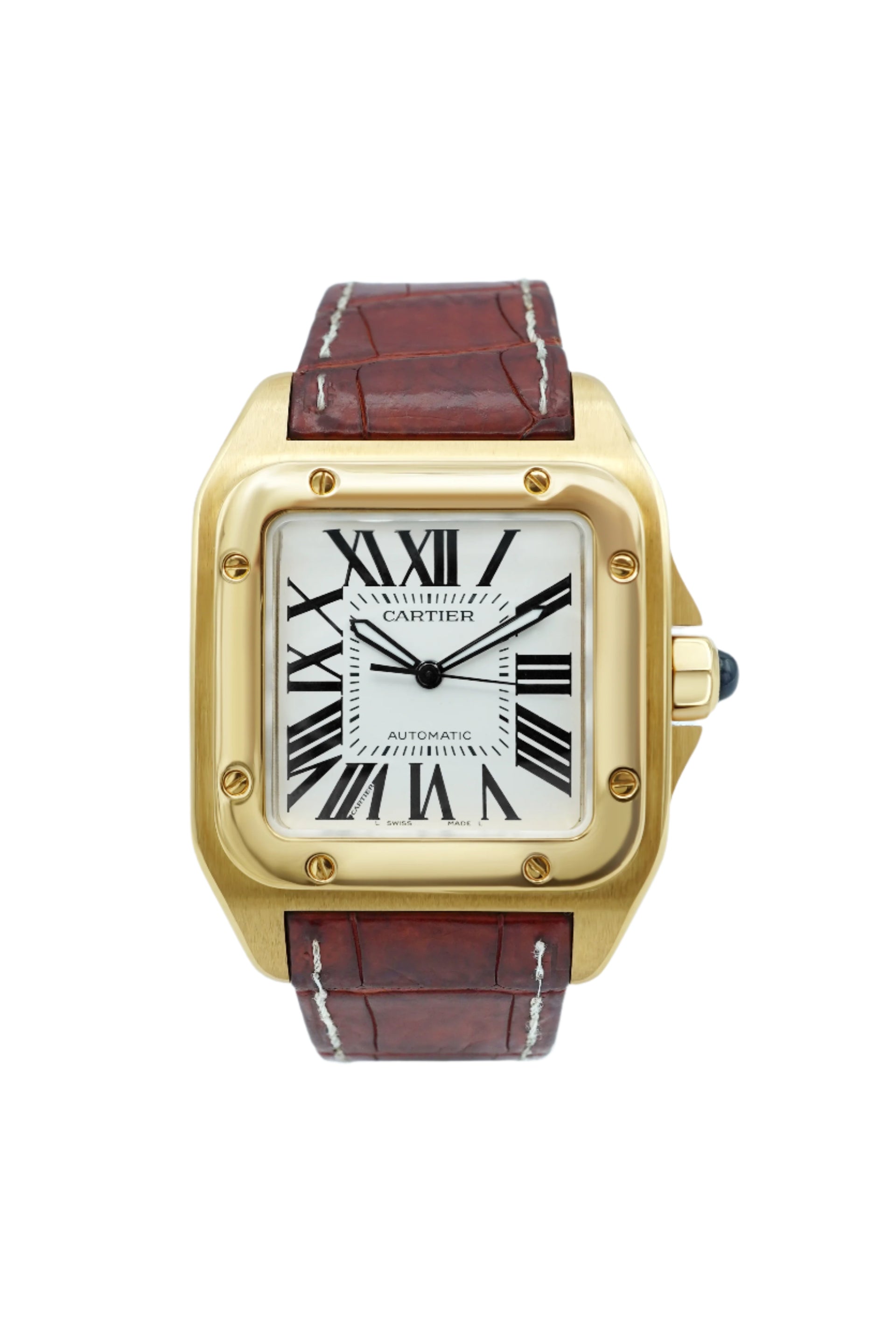 Cartier Santos 100 Large 18K Yellow Gold White Roman Dial Brown