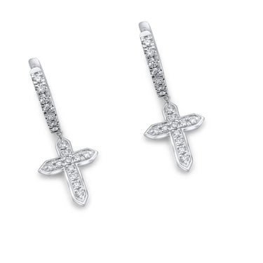 Exquisite 14K White Gold Mini Diamond Cross Earrings - 0.35 Ctw