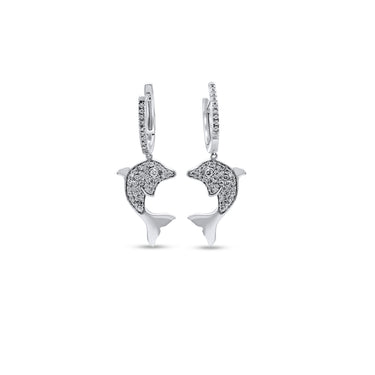 Captivating 14K White Gold Mini Diamond Dolphin Earrings - 0.40 Ctw