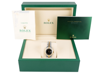 Rolex 69173 Lady-Datejust 26 mm Black Diamond Dial Jubilee Bracelet Box and Papers 1984