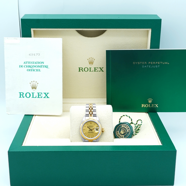 Rolex 69173 Lady-Datejust 26 mm Fluted Bezel Champagne Index Dial Jubilee Bracelet Complete Set 1995
