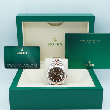 Rolex 126331 Datejust 41 mm 18k Rose Gold Fluted Bezel Chocolate Diamond Dial Jubilee Bracelet Complete Set 2024