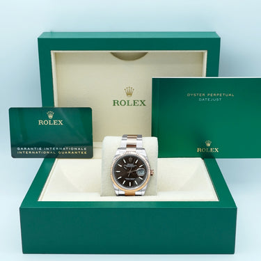 Rolex 126231 Datejust 36 mm 18K Rose Gold Fluted Bezel Brown Index Dial Oyster Bracelet Complete Set 2024