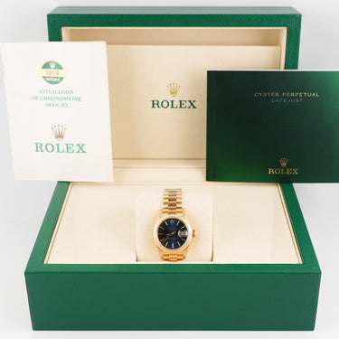 Rolex 69178 Lady-Datejust 26 mm Blue Index Dial President Bracelet Box and Papers 1986