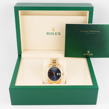 Rolex 18238 Day-Date 36mm Blue Soleil Dial President Bracelet 1989 with Box