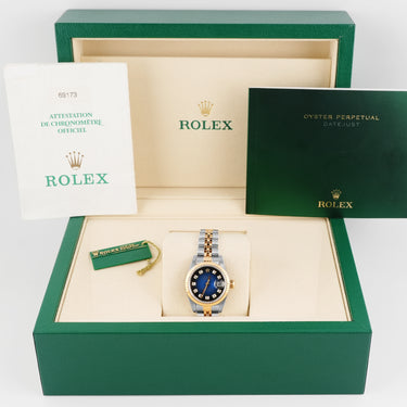 Rolex 69173 Lady-Datejust 26 mm Blue Vingrette Diamond Dial Jubilee Bracelet Box and Papers 1998