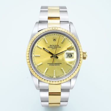 Rolex 15223 Oyster Perpetual Date 34mm Yellow Gold Stainless Steel Champagne Dial Complete Set