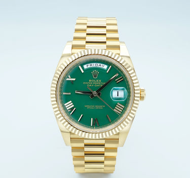 Rolex 228238 Date Automatic 40 mm Lacquer Green Dial 18K Day-Date New Complete Set 2023