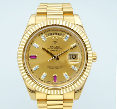 Rolex 218238 Day-Date II 18k Yellow Gold Baguette Diamond & Ruby Dial Complete Set 2013