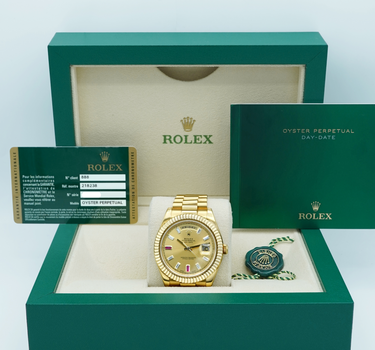 Rolex 218238 Day-Date II 18k Yellow Gold Baguette Diamond & Ruby Dial Complete Set 2013