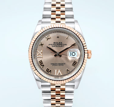 Rolex 126231 Datejust 36 mm Rose Gold Pink 6+9 Diamond Roman Dial Jubilee Bracelet Complete Set 2022