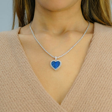 10K White Gold Sapphire & Diamond Heart Pendant