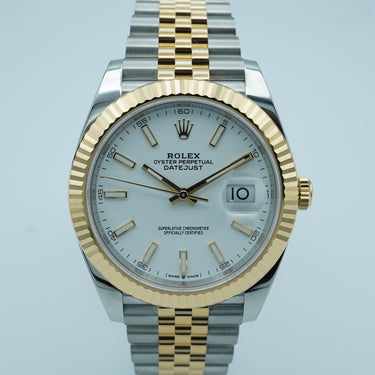Rolex 126333 Date 41 mm 18K Fluted Bezel Two Tone Yellow Gold White Index Dial Jubilee Bracelet Complete Set 2024