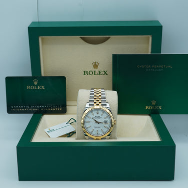 Rolex 126333 Date 41 mm 18K Fluted Bezel Two Tone Yellow Gold White Index Dial Jubilee Bracelet Complete Set 2024