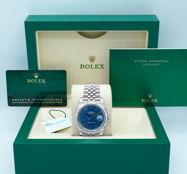 Rolex 126334 Datejust 41 mm 18K White Gold Fluted Bezel Blue Roman Dial Jubilee Bracelet Complete Set 2024