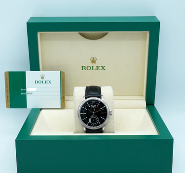 Rolex 50529 Cellini Dual Time 39 mm 18K white Gold Black Dial Leather Strap Complete Set 2018