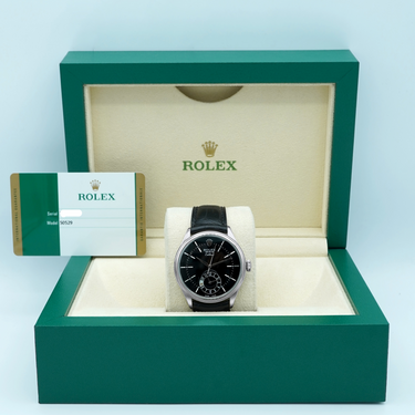 Rolex 50529 Cellini Dual Time 39 mm 18K white Gold Black Dial Leather Strap Complete Set 2018