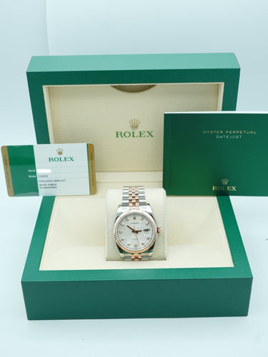 Rolex 116231 Datejust 36mm 18K Rose Gold OEM Rolex Silver Jubilee Diamond Dial Box and Papers 2015