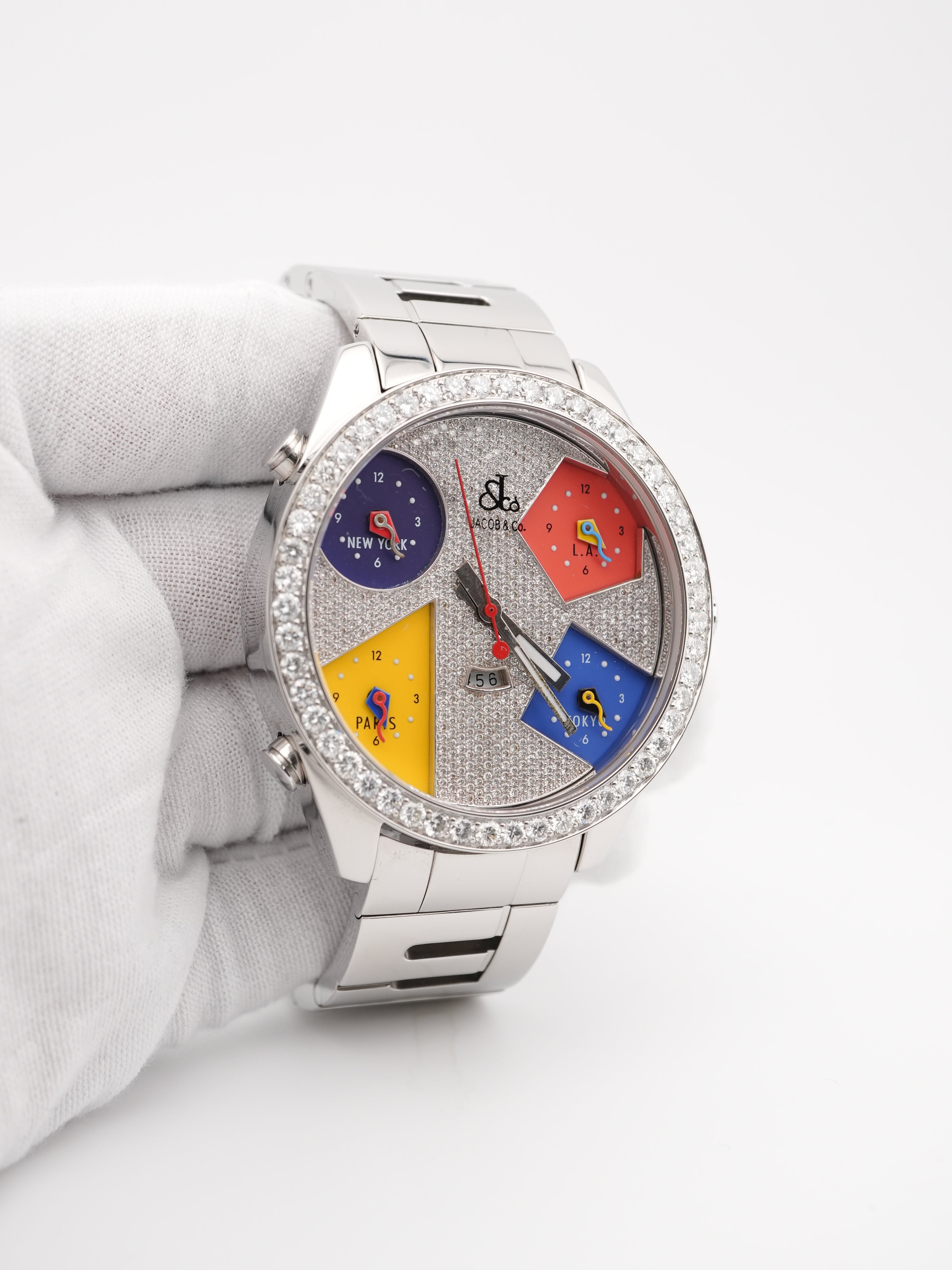 Jacob Five Time Zone Watch Diamond Bezel Full Pave Dial