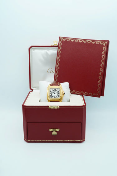 Cartier Santos 100 Large 18K Yellow Gold White Roman Dial Brown Leather Strap Complete Set 2008