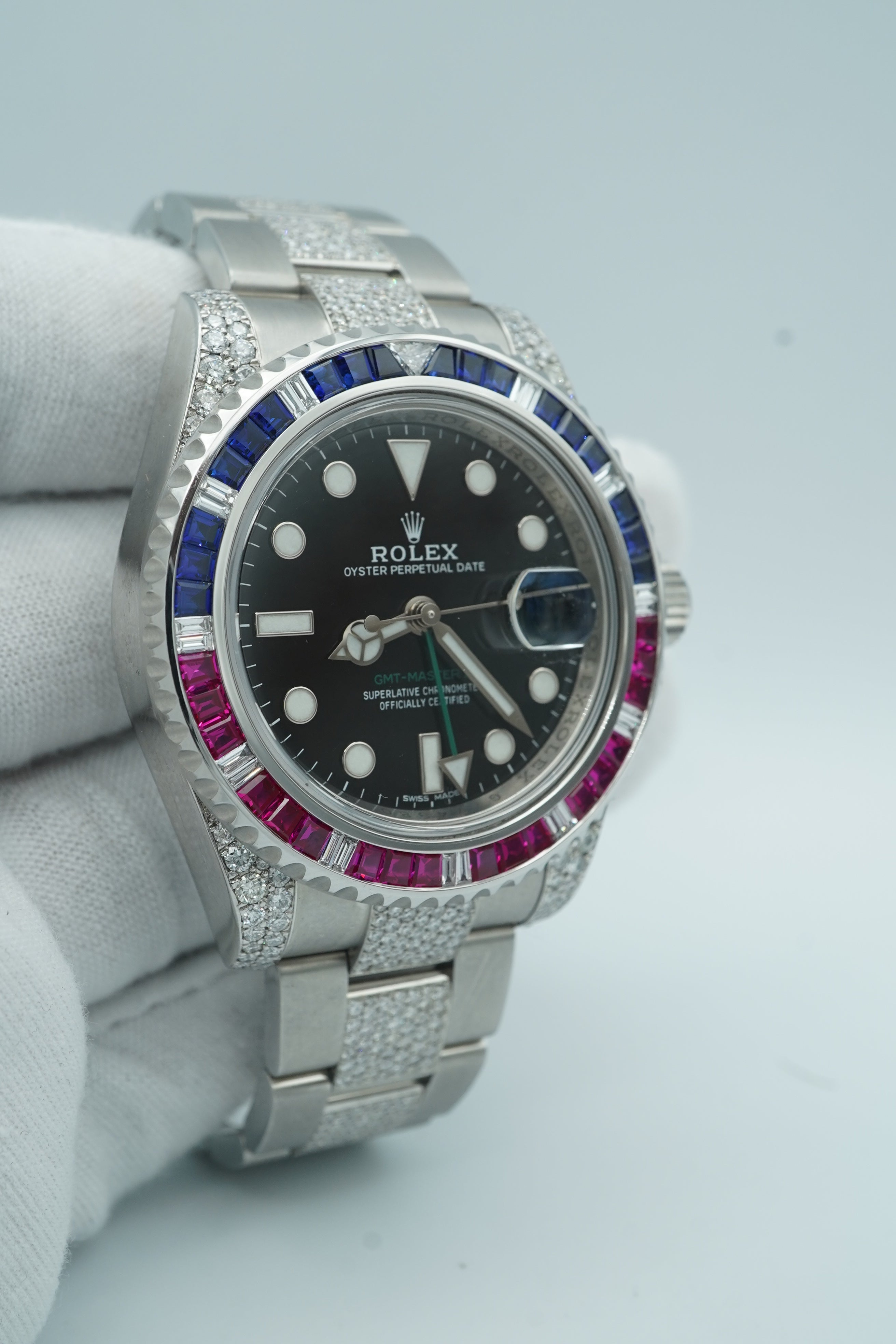 Rolex 116710LN GMT-Master II 40 mm Custom Diamond Bezel Black Dial