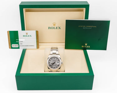 Rolex 116200 Datejust 36 mm Smooth Bezel Rhodium Grey Dial Oyster Bracelet Box and Papers 2014