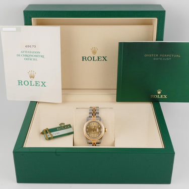Rolex 69173 Lady-Datejust 26 mm Champagne Diamond Dial Jubilee Bracelet Box and