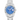 Silver watch with a blue face on a white background