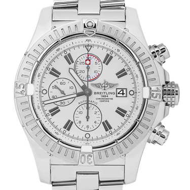 Silver Breitling watch with a detailed face on a white background