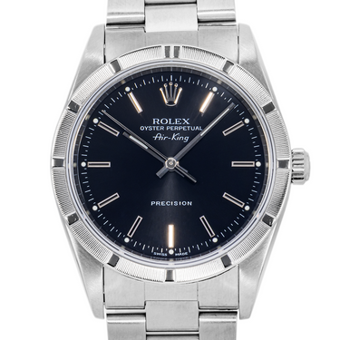 Silver Rolex watch with black dial on a white background