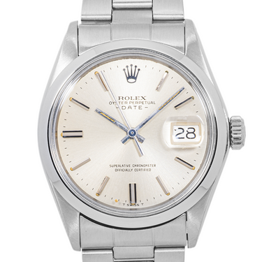 Silver Rolex watch with a white face on a white background