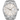 Silver Rolex watch with a white face on a white background