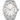 Silver Rolex watch with a white face on a white background