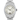 Silver Rolex watch with a white face on a white background