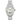 Silver watch with a white face on a white background
