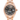 Rose gold watch with a detailed face on a white background