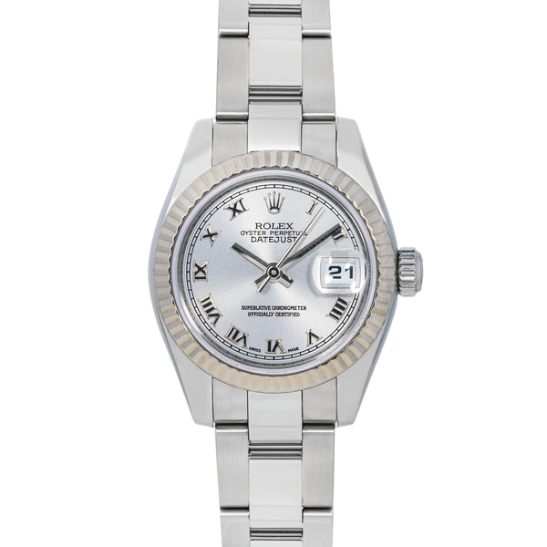 Rolex 179174 Lady-Datejust 26mm Fluted Bezel Rhodium Roman Dial