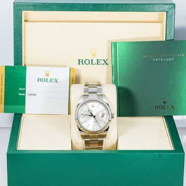 Rolex 126334 Datejust 41 mm 18K White Gold Fluted Bezel Silver Index Dial Jubilee Bracelet Box and Papers 2019