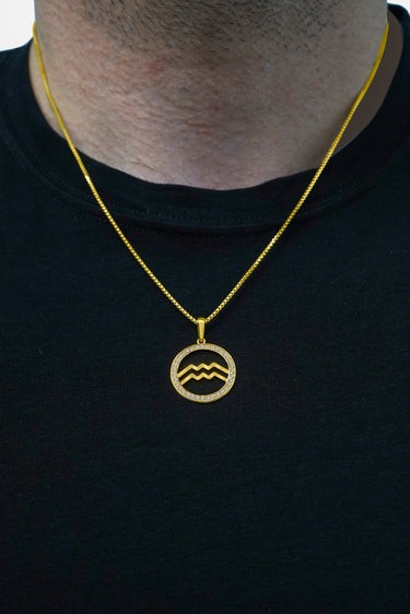 Male model photo  14K Gold Aquarius Zodiac Diamond Men's Pendant