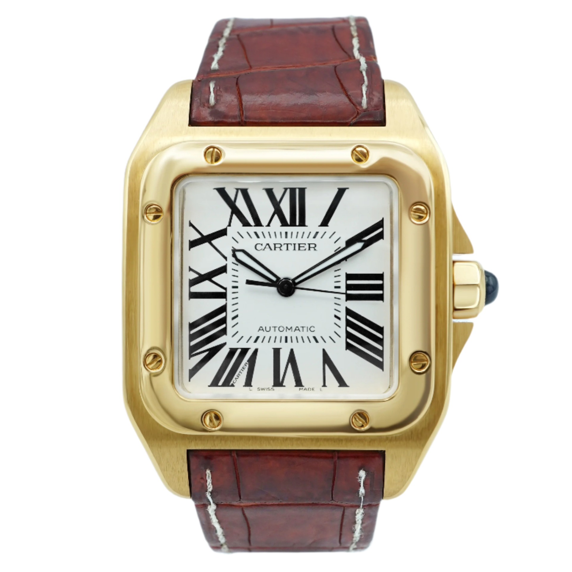 Cartier Santos 100 Large 18K Yellow Gold White Roman Dial Brown
