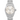 Silver Rolex watch with a white face on a white background