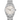 Silver Rolex watch with a white face on a white background