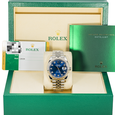 Rolex 126334 Datejust 41 mm Fluted Bezel Blue Diamond Dial Jubilee Bracelet Box and Papers 2019