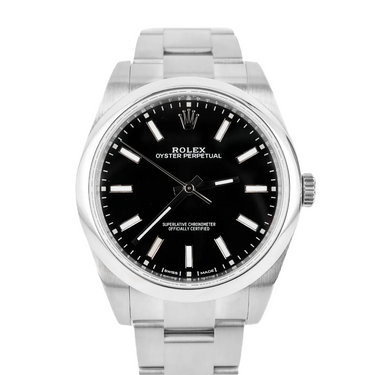 Rolex watch with black face and silver metal strap on white background
