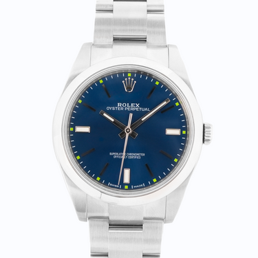 Silver Rolex watch with a blue dial on a white background